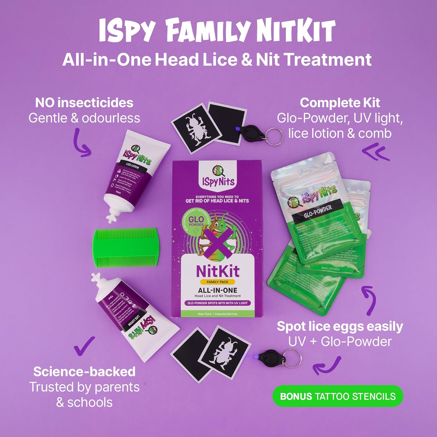 Ispy Family Nitkit Complete Head Lice Treatment & Detection Kit for 3-4 People &ndash; Biofluorescent Glo-Powder for UV Detection &ndash; Odourless Insecticide-Free Lotion &ndash; Glow-In-The-Dark Tattoos &ndash; UV Lights & Comb Included image number 5