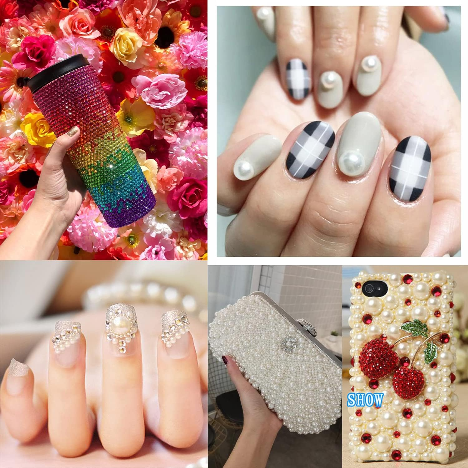 Flat Back Rhinestone+Half round Pearl Kits Colorful Rhinestones+White&Beige Pearls with Quick Dry Makeup Glue+Picker Pencil+Tweezer for Nail Art and Face Make-Up image number 4