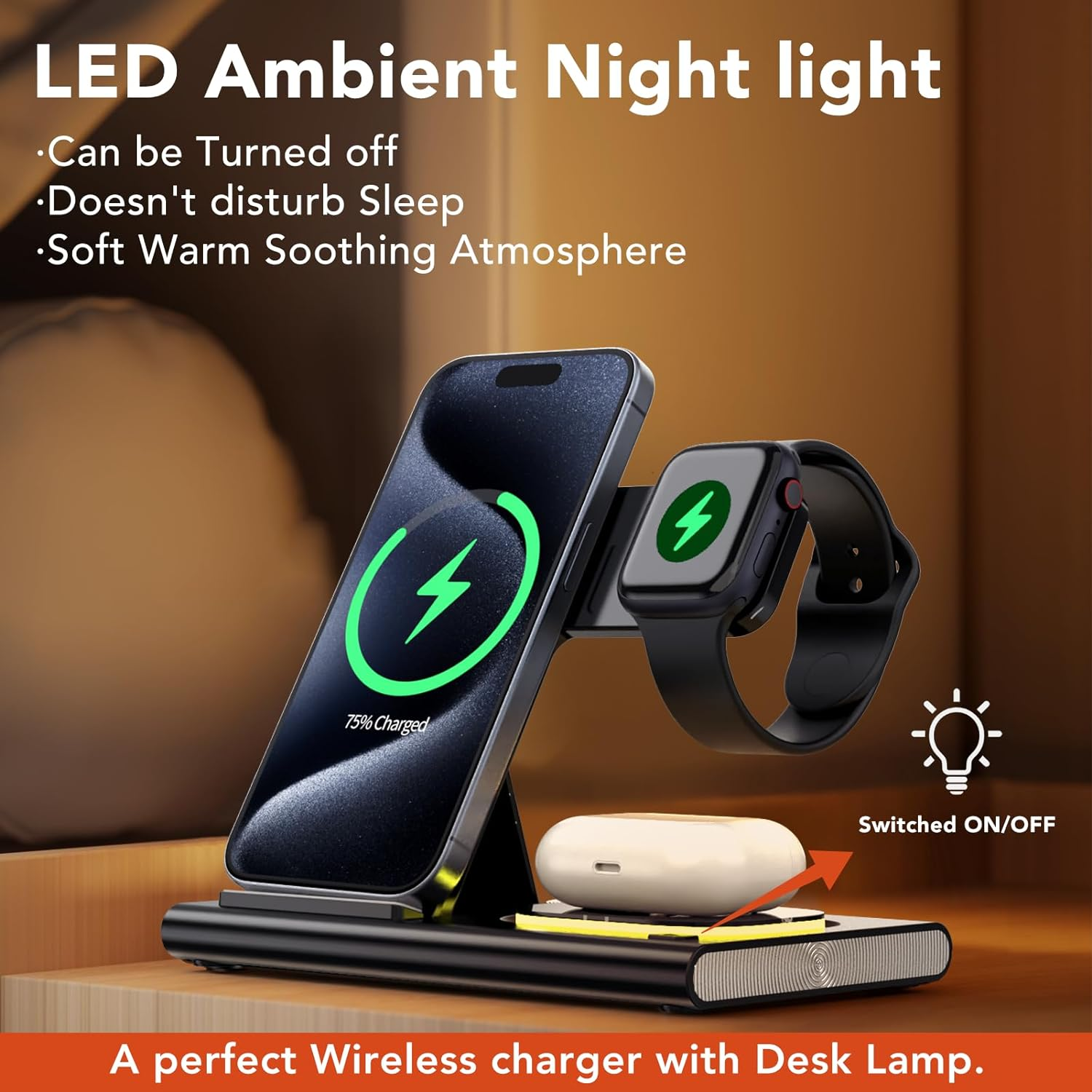 KARTICE Wireless Charger,3 in 1 Foldable Fast Wireless Charging Station for Iphone 17 16 15 14 13 12 Pro Max, Apple Charging Station with Light for Apple Watch 11 10 9 Ultra3/2 Airpods 4 3 2 Pro 3/2 image number 4