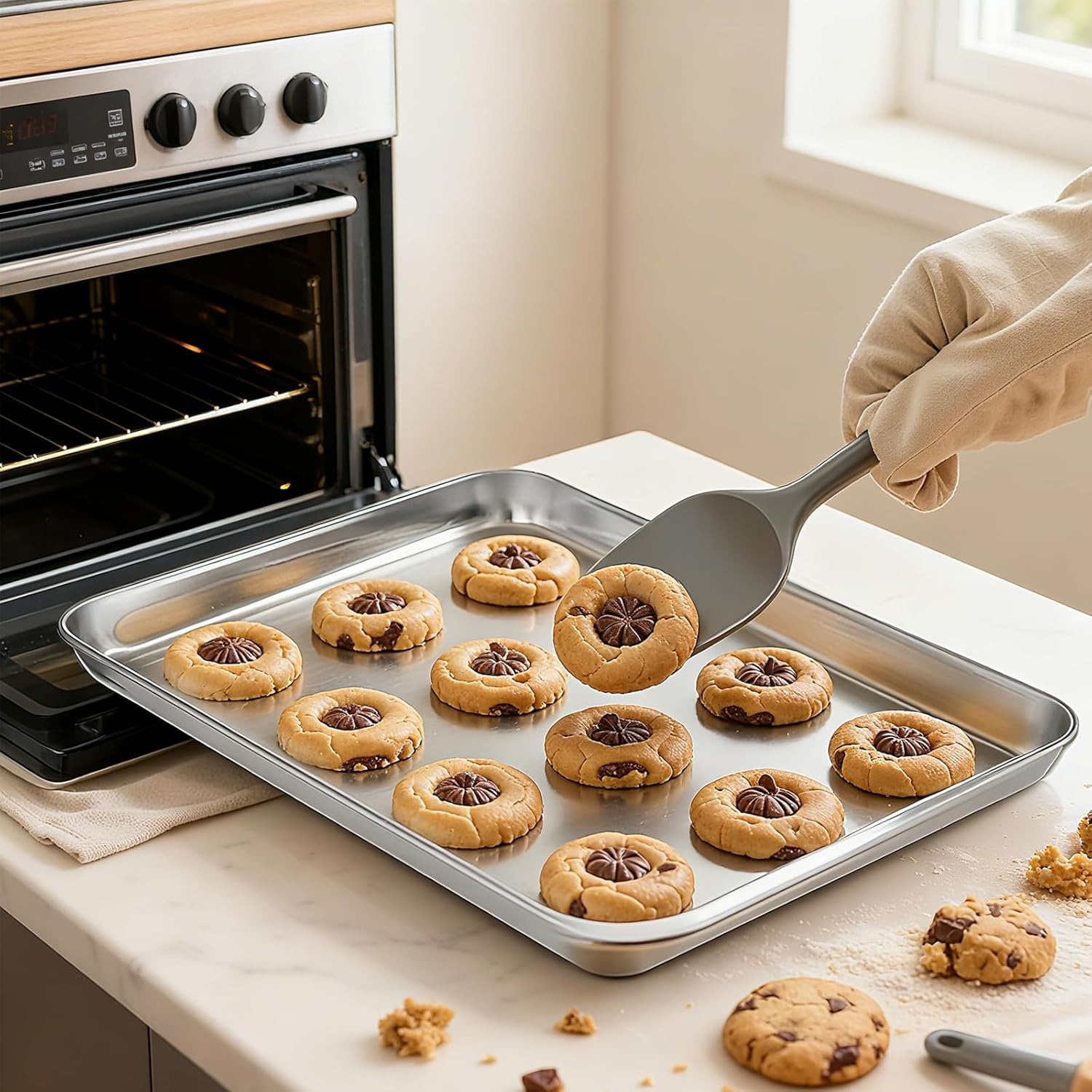 Cookie Sheet Pan Set, 3 Pack Stainless Steel Baking Sheets, Non Stick, Non Toxic & Heavy Duty Bakeware, 3 Size Set (9/12/16 Inch) for Oven Roasting, Cooking, Baking​ image number 1