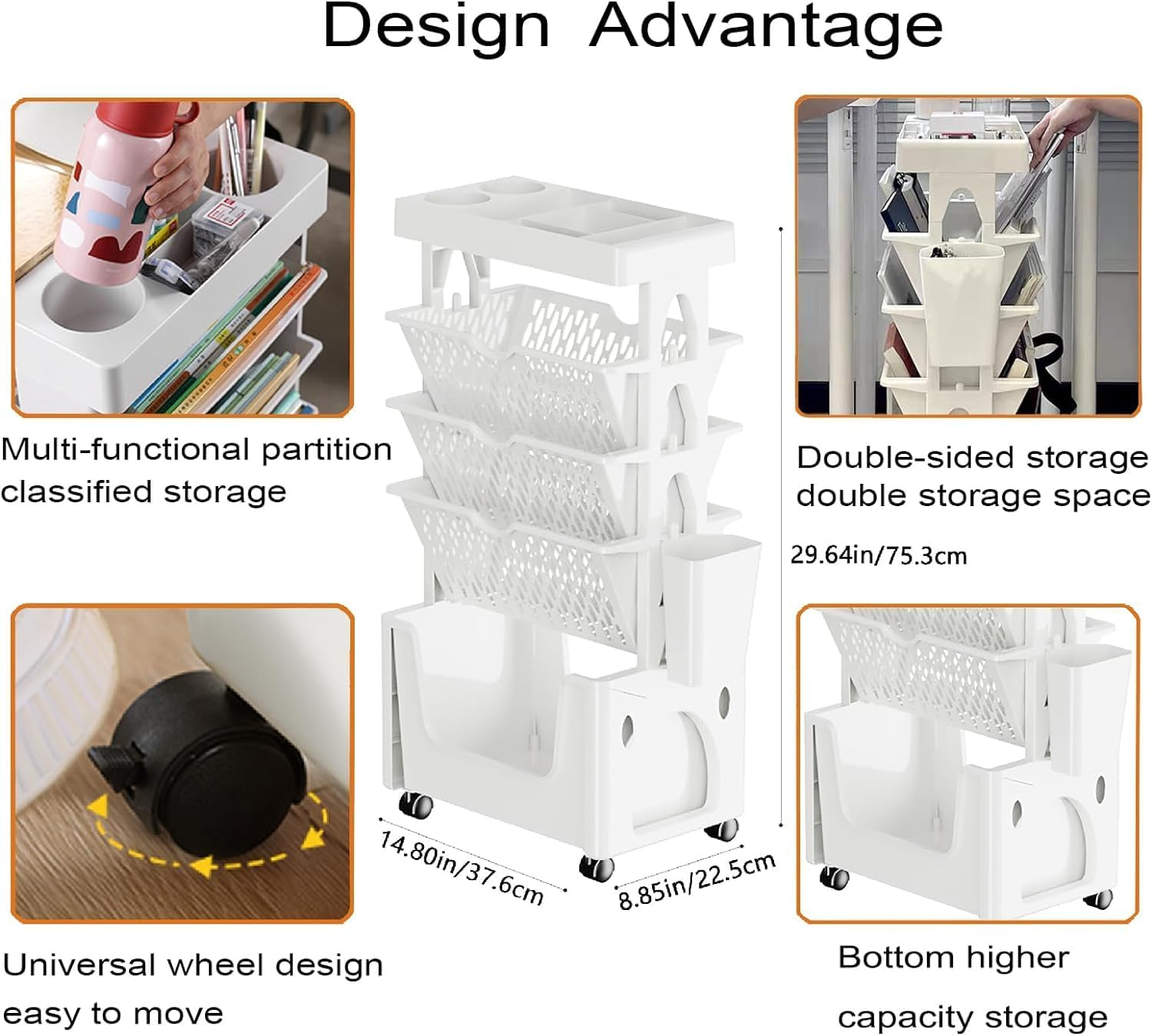 Uandhome 5 Tier Book Rack Storage Bookshelf, Removable Movable Unique Bookcase, Utility Organizer White Bookshelves Cart with Wheels for Students Study in Living Room Home Classroom School image number 3