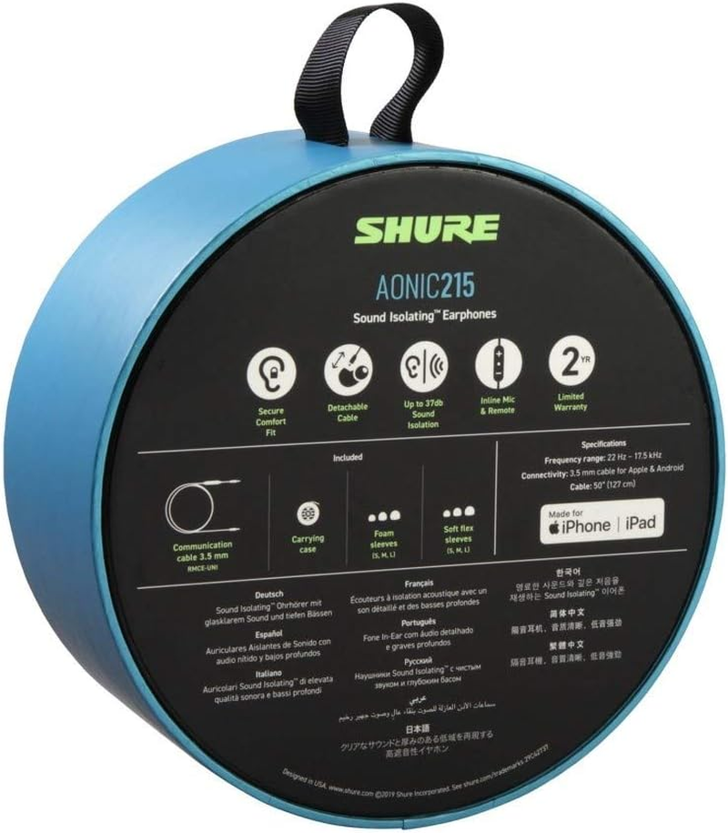 Shure AONIC 215 Wired Sound Isolating Earbuds, Clear Sound, Single Driver, Secure In-Ear Fit, Detachable Cable, Durable Quality, Compatible with Apple & Android Devices - Black image number 1