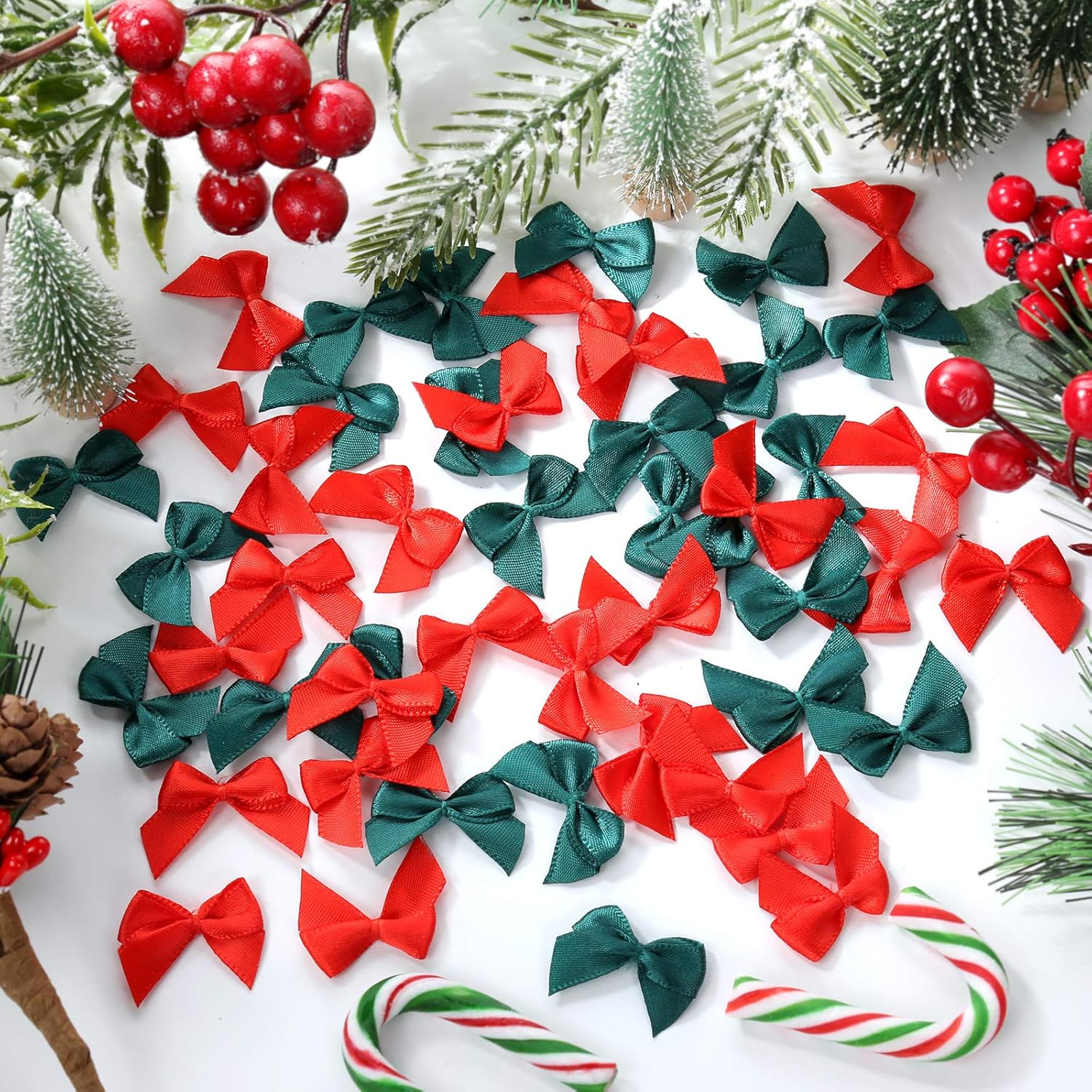 150Pcs Mini Bows Red and Green for Christmas Tree Decoration, Wrapping Crafts, and Home Decoration image number 6