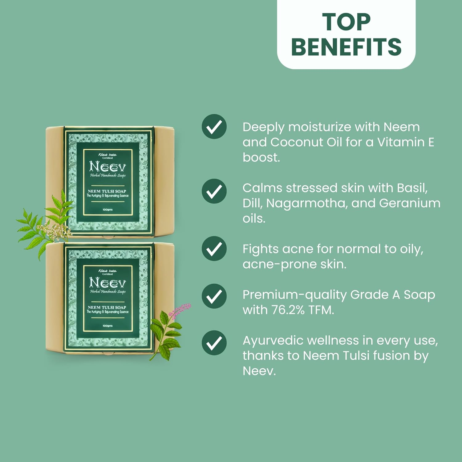 Neev Neem Tulsi Handmade Soap- the Purifying and Rejuvenating Essence 100Gm Each Set of 2 Combo image number 4