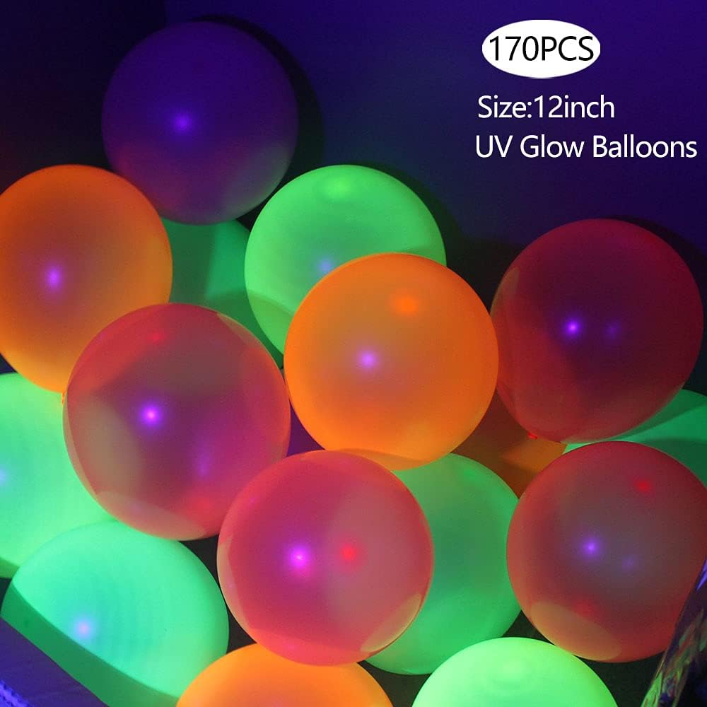 170 Pack UV Glow Balloons 12Inch Neon Blacklight Reactive Latex Balloons Glow in the Dark Fluorescent Helium Balloon for Kids Birthday Decorations Wedding Glow Party Black Light Luminous Balloons image number 4