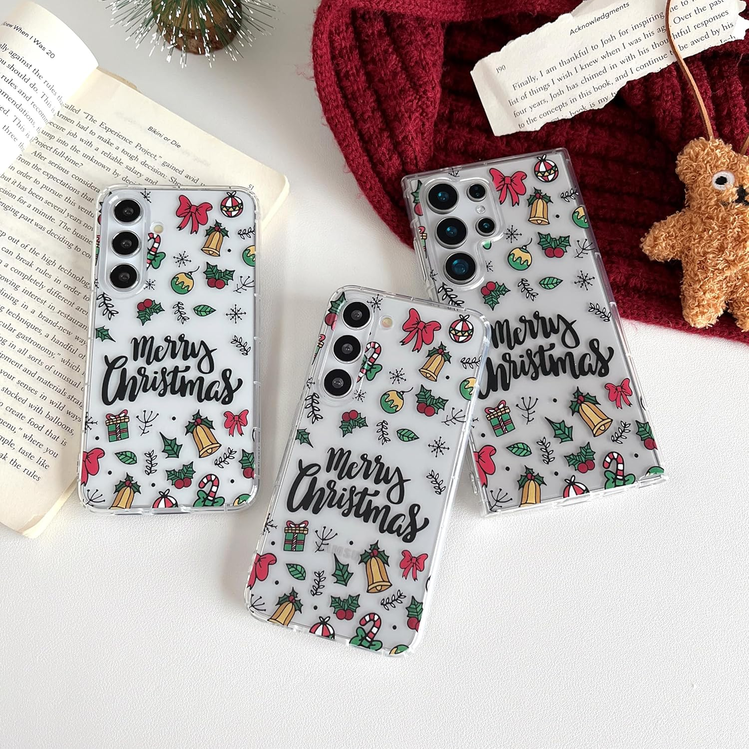 XIZYO Christmas Phone Case for Samsung Galaxy S24 Plus,Clear Cute Merry Christmas Xmas Bells Pattern Aesthetic Women Girls Kids Santa Winter Slim TPU Shockproof Protective Case,Clear