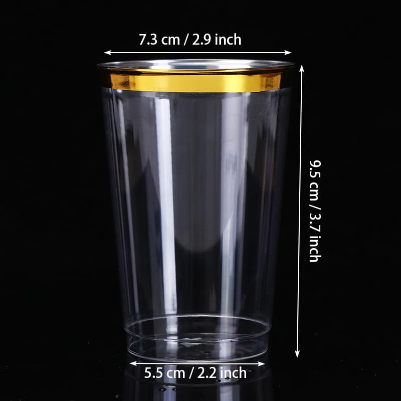 50 Pcs Plastic Tumbler Cups,10 OZ Clear Tumblers with Gold Rim,Reusable Elegant Party Cups for Holiday Gathering & Parties