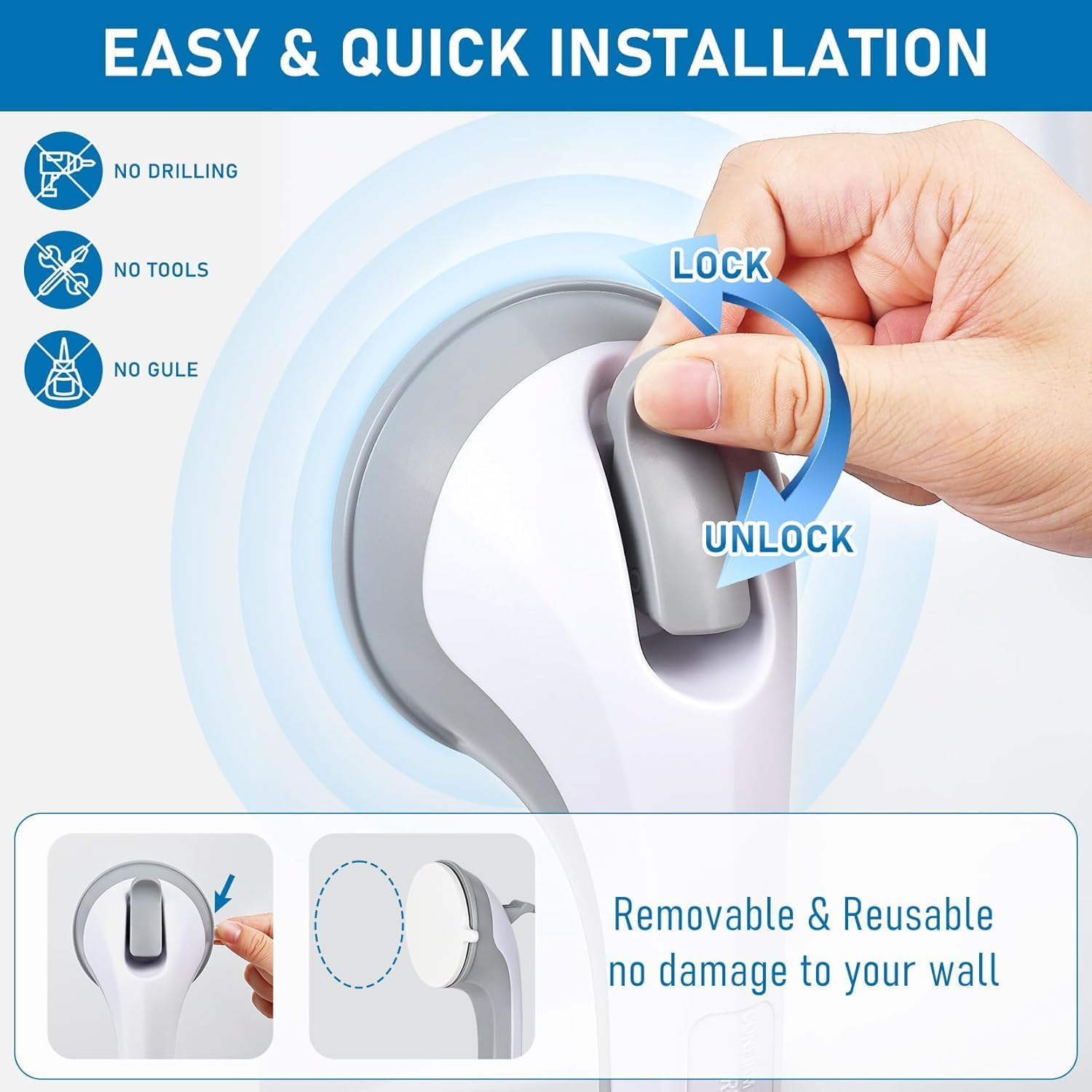 Shower Handle 12 Inch Grab Bars for Bathtubs and Suction Grab Bar Bathroom Bathtub Bath Handles Handicap Elderly Seniors Safety Cup Grip Non Slip - ONLY for Tiles Glass & Hard Plastic 2 Pack image number 4