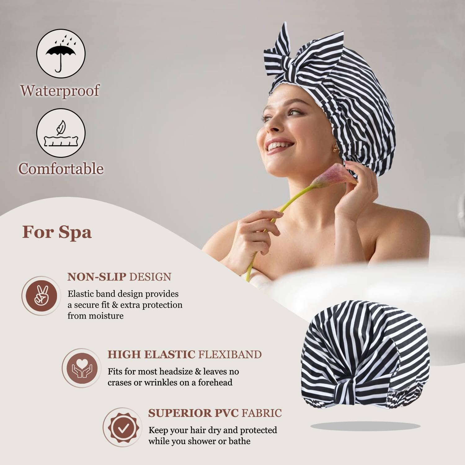 Luvruitaky Shower Cap Luxury Shower Caps for Women Reusable Waterproof Hair Cap for Shower with Adjustable Bowknot Hair Bath Cap (Black Stripe) image number 2