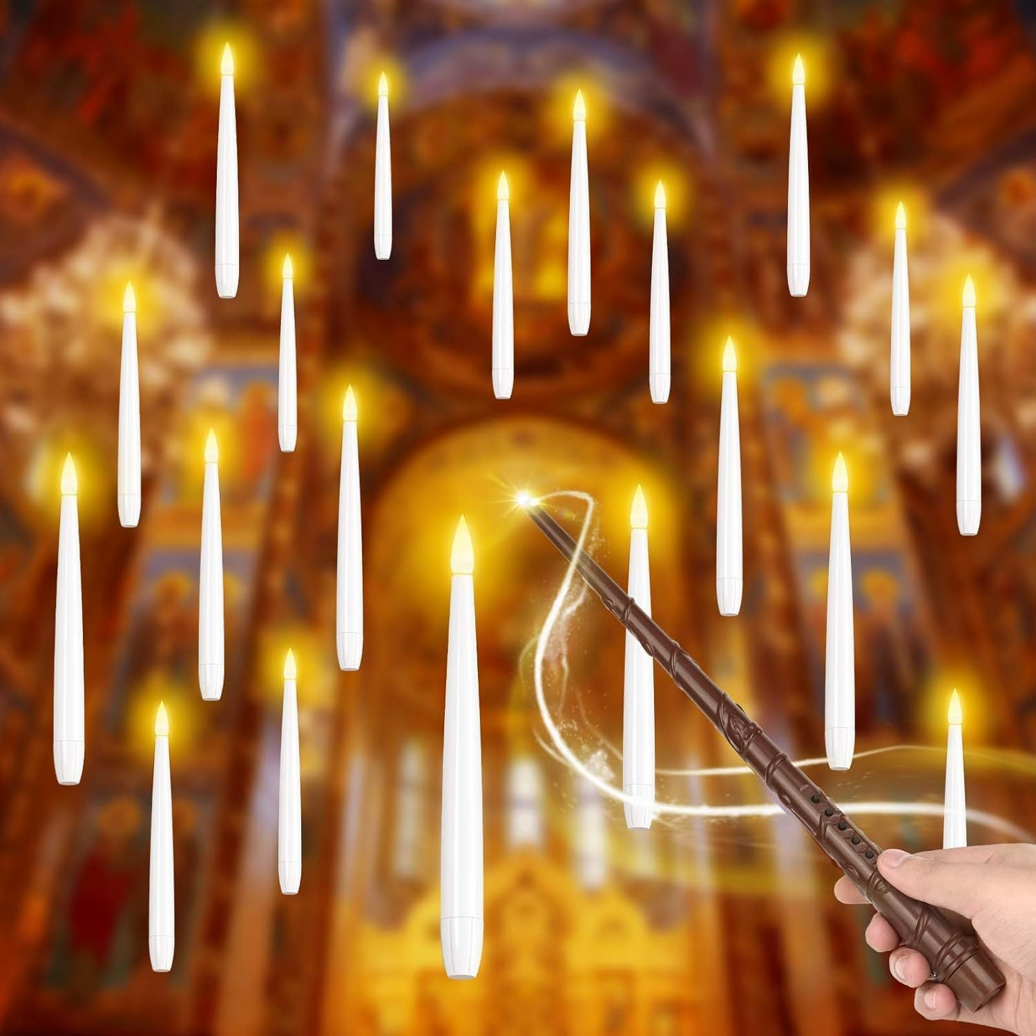 Floating LED Candles with Magic Wand Remote,Flameless Flickering Batteries Operated Taper Hanging Candlesticks,Ceiling Candles for Christmas Decor Wedding Party Home & Church D&eacute;cor