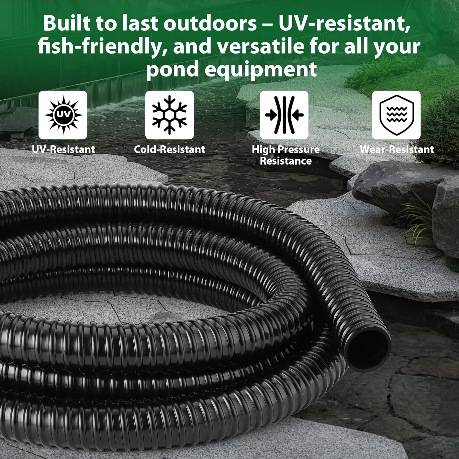 1 Inch Pond Tubing &ndash; 10Ft Flexible PVC Corrugated Pond Hose with 2 Stainless Steel Hose Clamps, Kink-Proof Black Plastic Pump Tubing for Garden Ponds, Waterfalls, Filters & Drainage