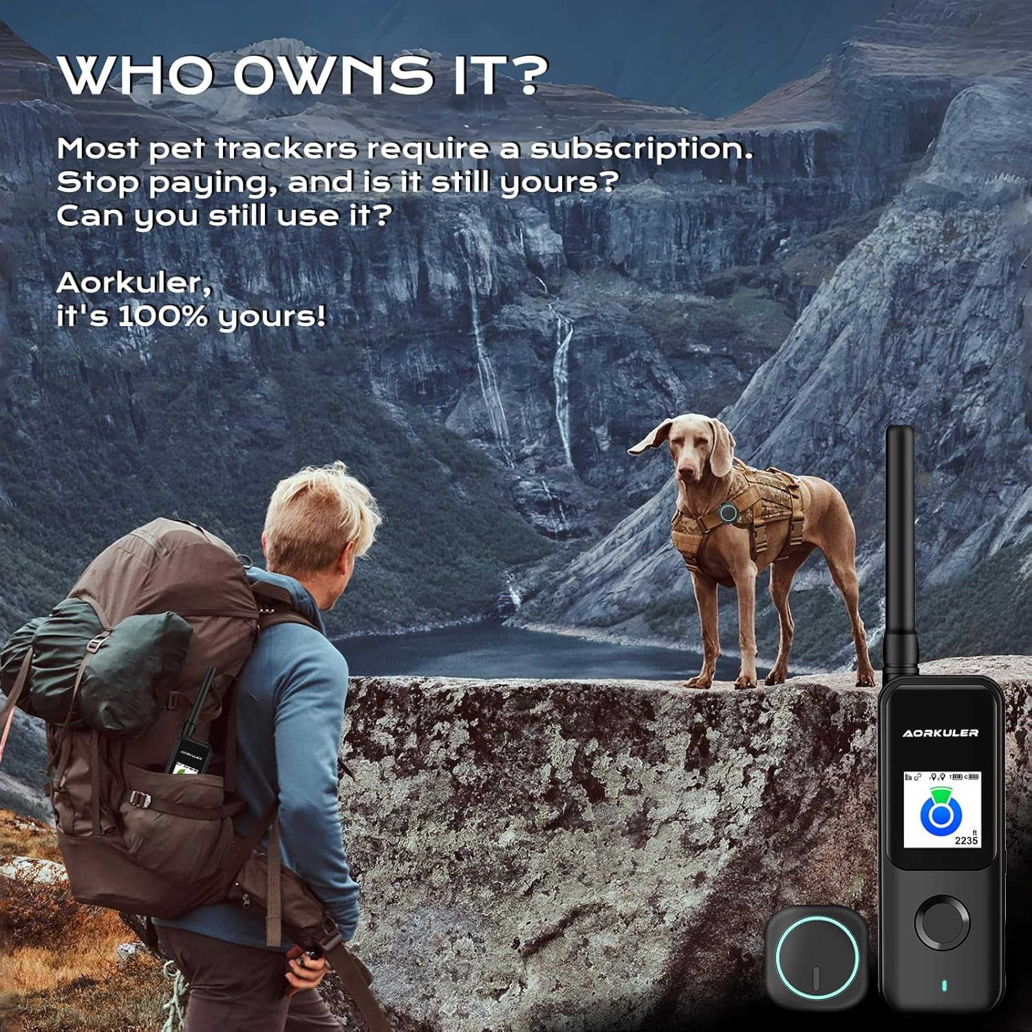 GPS Tracker for Dogs No Subscription, GPS Location without Cell Network, Suitable for Open Areas with Poor Network Signals No Monthly Fee IP67 Waterproof (Tracker 2)(Black)