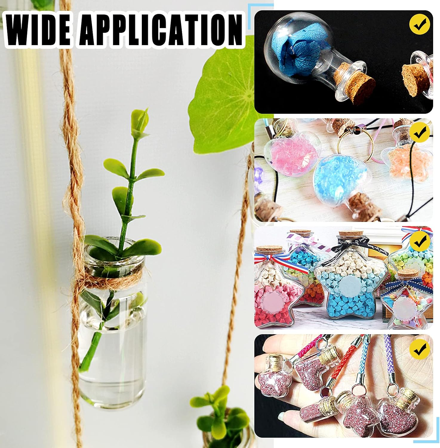 Mardatt 48Pcs 6 Shapes Mini Glass Bottles with Cork Lids Wish Bottles Glass Favor Jars, 50Pcs Eye Screws, 30 Meters Twine for DIY Crafts, Home Decor, Party Favors image number 2