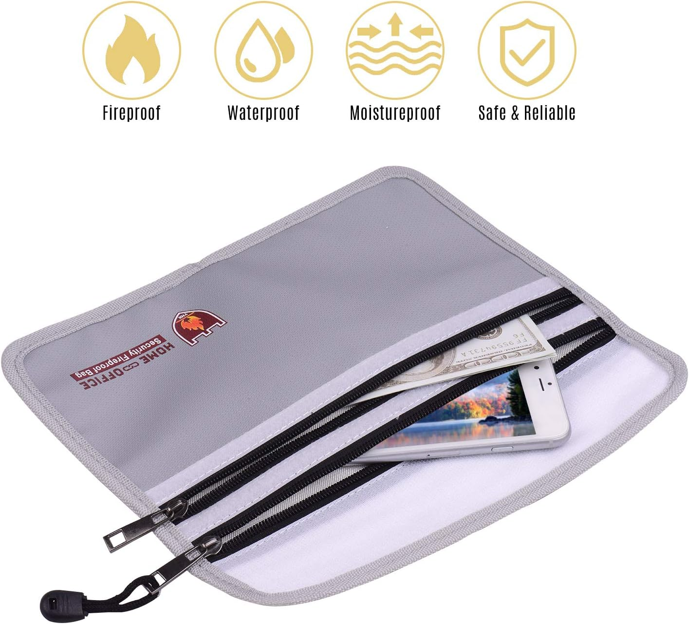 Fafeicy Double Zipper Fireproof Document Bag Pouch Organizer Silicone Coated Water Resistant Safe Storage for Cash Documents image number 3