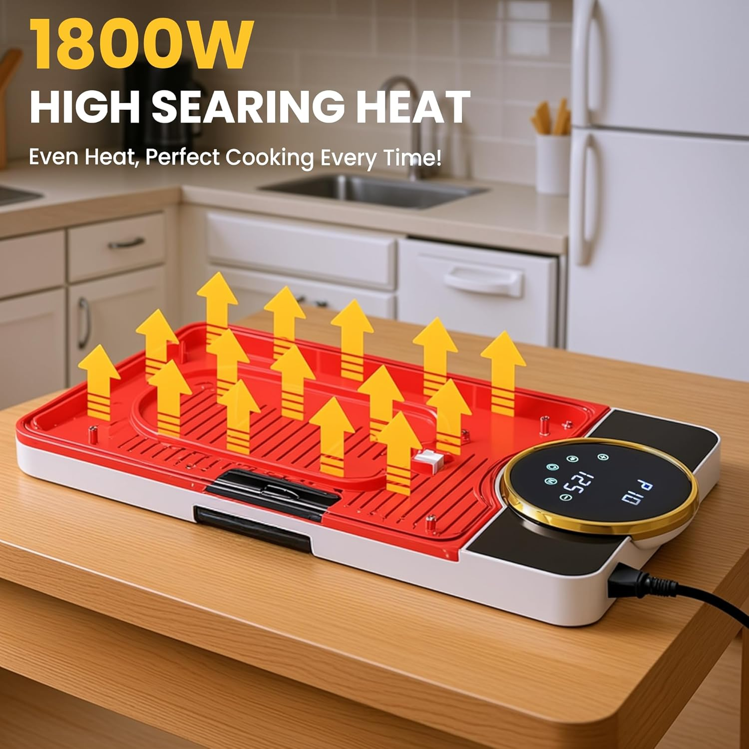 Advwin Electric Grill Pan, Electric Hot Plate with LCD Touchscreen, Non-Stick Griddle Plate for Family, Adjustable Temperature & Timer, Removable Oil Drip Tray, Smokeless Family Grill for 2&ndash;8 People image number 3