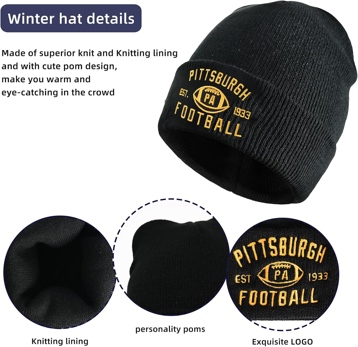 Vintage Classic Skull Cap Embroidery Beanie Fasion Hat Cuffed Winter Hat Knit Comes with Warm Gloves Gifts for Men Women Fans image number 5