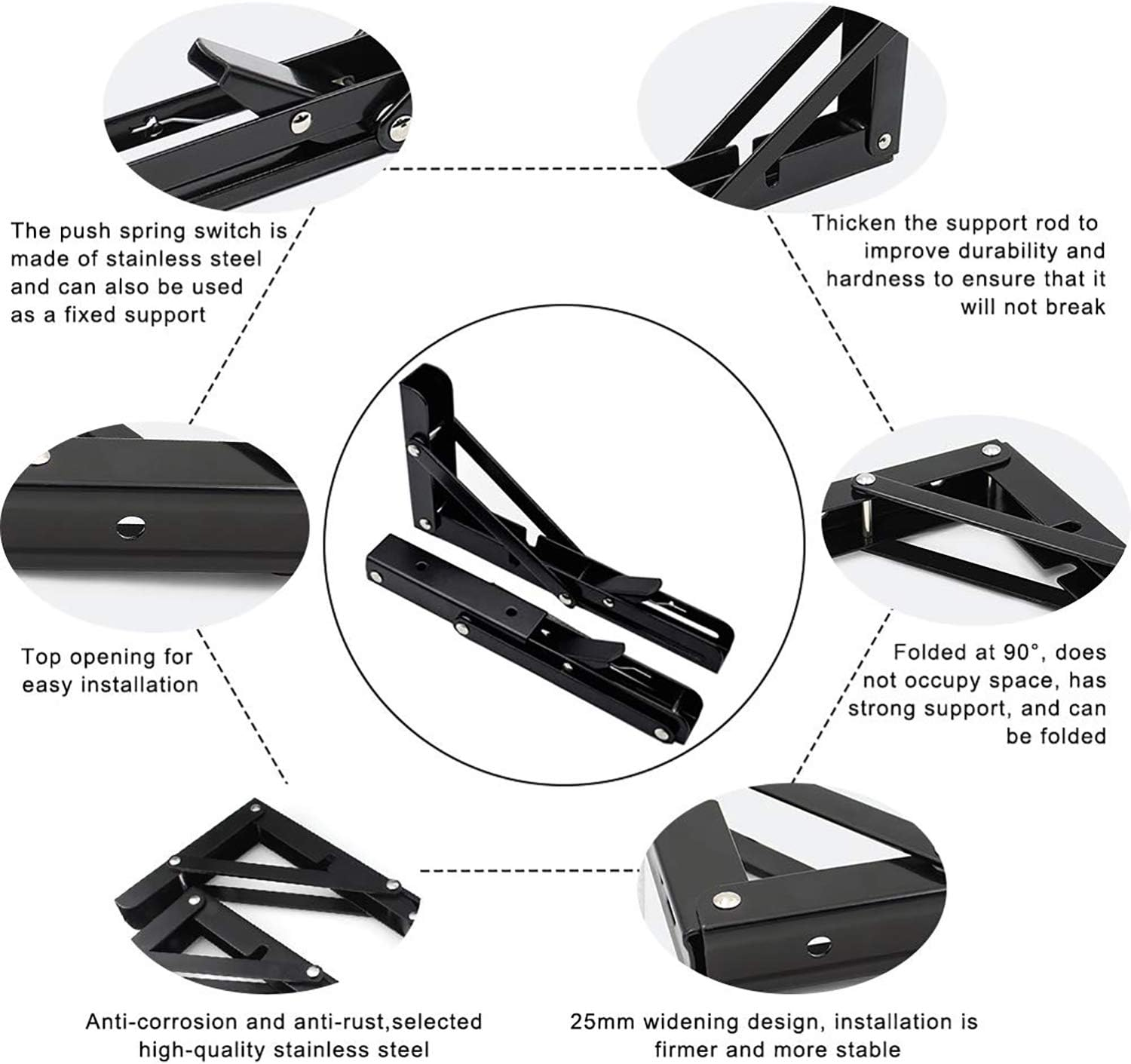 Folding Shelf Brackets 20 Inch Heavy Duty, 2 Pcs Shelf Brackets, L Brackets for Shelves, Floating Shelf Bracket, Metal Shelf Brackets on Wall, Black Stainless Steel L Shape image number 4