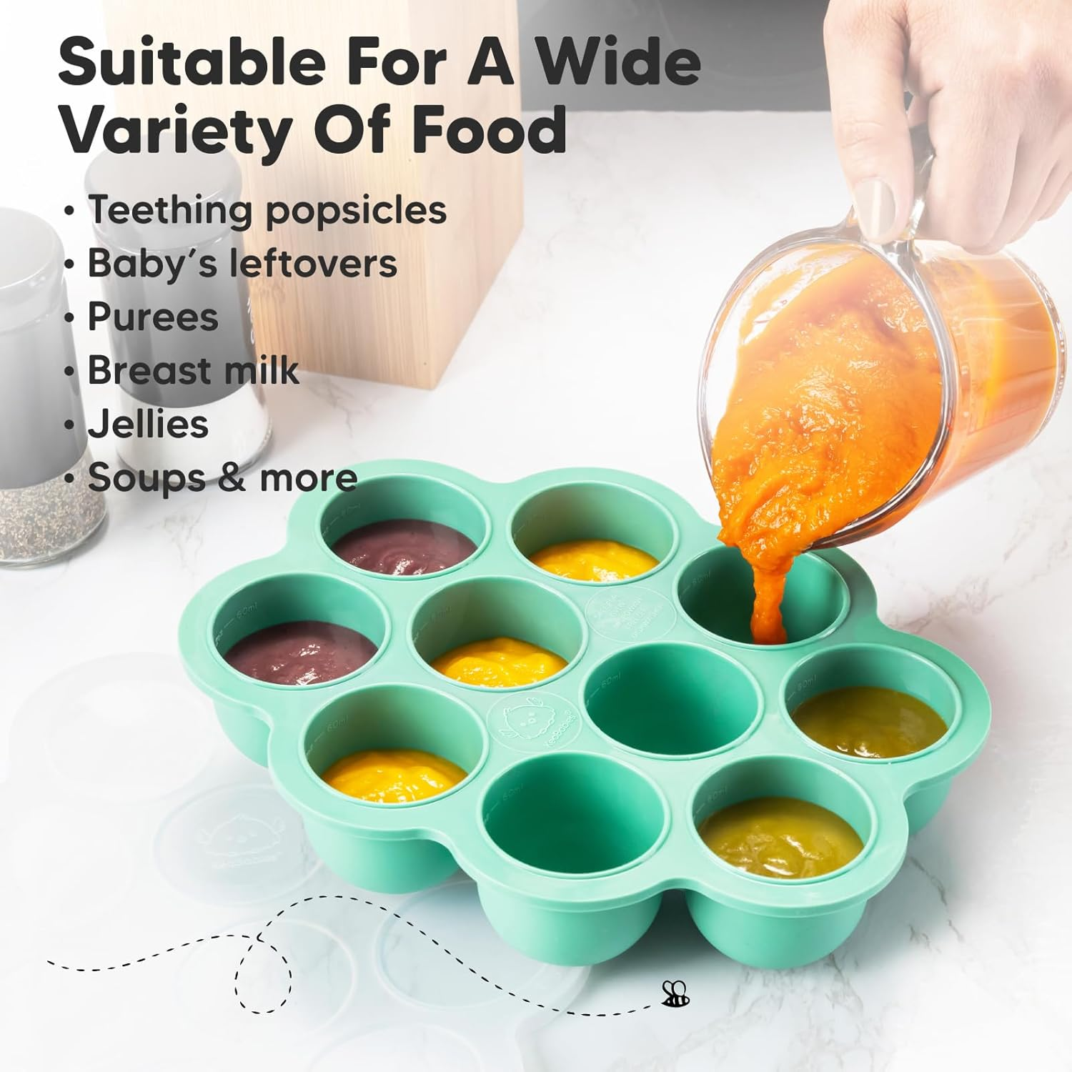 60Ml X 10 Pods Silicone Baby Food Freezer Tray with Clip-On Lid - Baby Food Storage Containers - Baby Food Tray, Baby Freezer Food Storage, Bpa-Free Puree Freezer Tray (Alpine Green) - Blossom image number 7