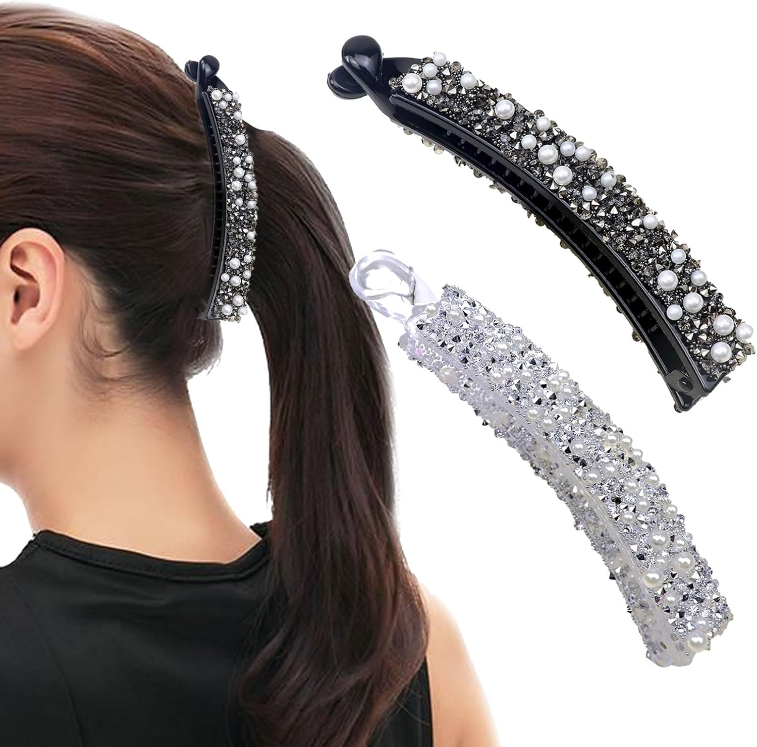 Pack of 2 Banana Clip Hair, Rhinestone Beads Banana Hair Clips, Banana Clip Thin Hair, Suitable for Women, Girls (Black + Silver) (Black + Silver) image number 5