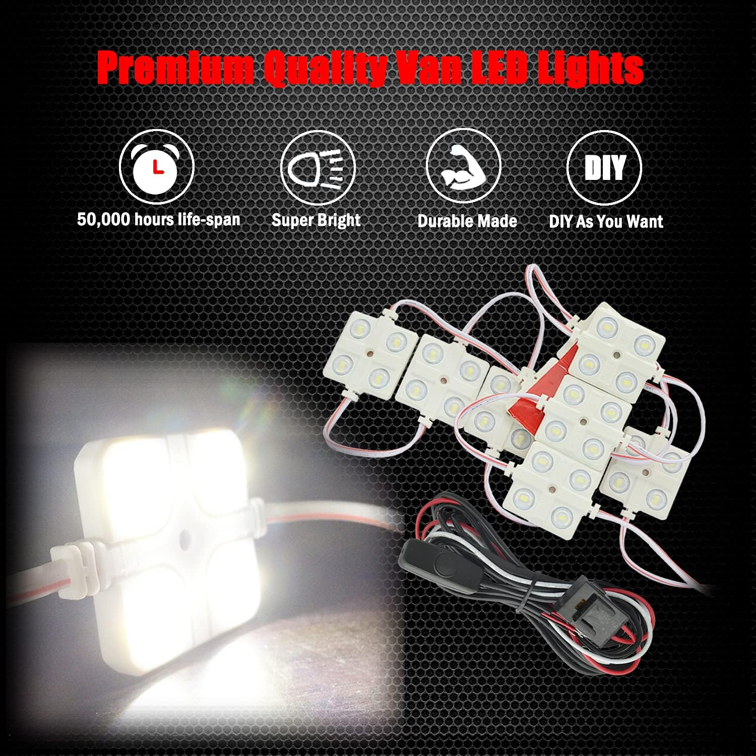 Ampper 12V 40 Leds Interior Van Light Kits, LED Ceiling Lights with Simplified Harness Switch Fuse for Van RV Boats Caravans Trailers and More (10 Modules, White)