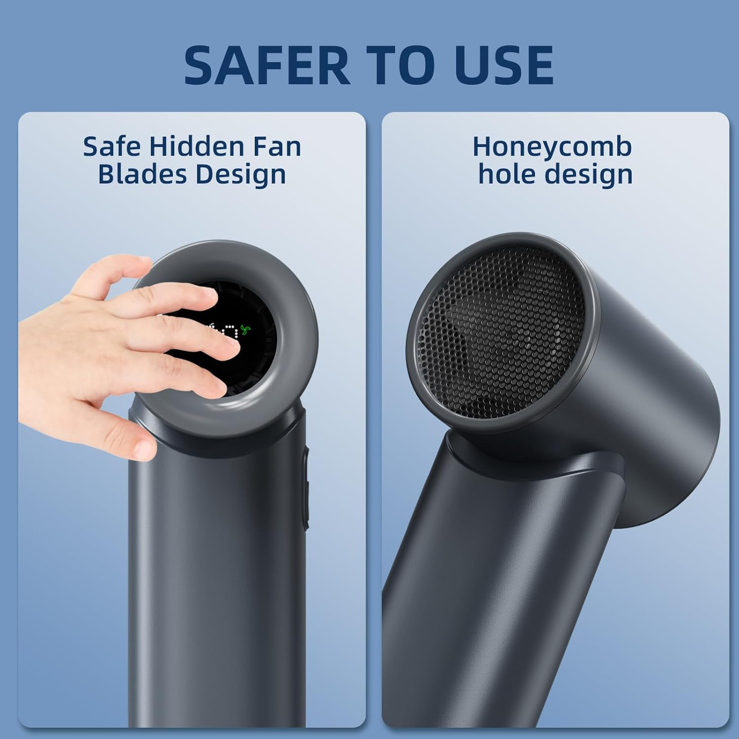 Portable Handheld Mini Fan with Digital Display, 5 Speed Adjustable Personal Fan, Lanyard as Wrist Fan, High-Speed Cooling USB Fan with Rechargeable Battery, for Eyelash Makeup Hot Flashes (Grey Blue) image number 3