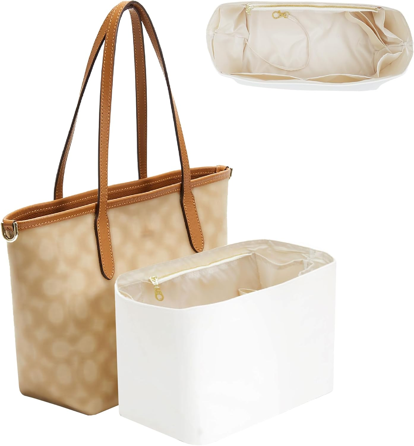 Doxo Purse Organizer Insert for Coach City Tote 30, Lightweight Tote Bag Organizer with Keychain, 9 Pockets Bag Insert with Cup Holder Zippered Section, Handbag Organizer Storage Divider (White Brown)