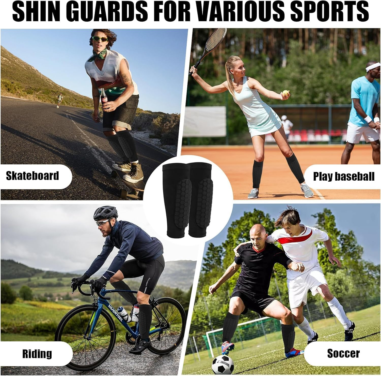 Honeycomb Compression Sleeve Shin Guards, Soccer Football Protective Pads, Calf Support, 1 Pair - Black, M image number 6