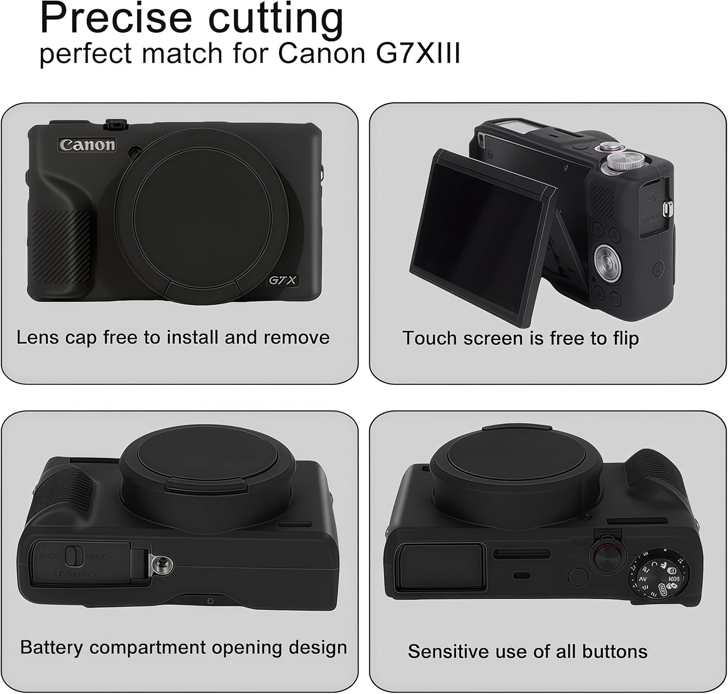 Silicone Case for Canon G7X Mark III Camera Case with 3 Pcs Sreen Protectors,Detachable Lens Cover for Canon G7 X Mark III Cover Black - White image number 7