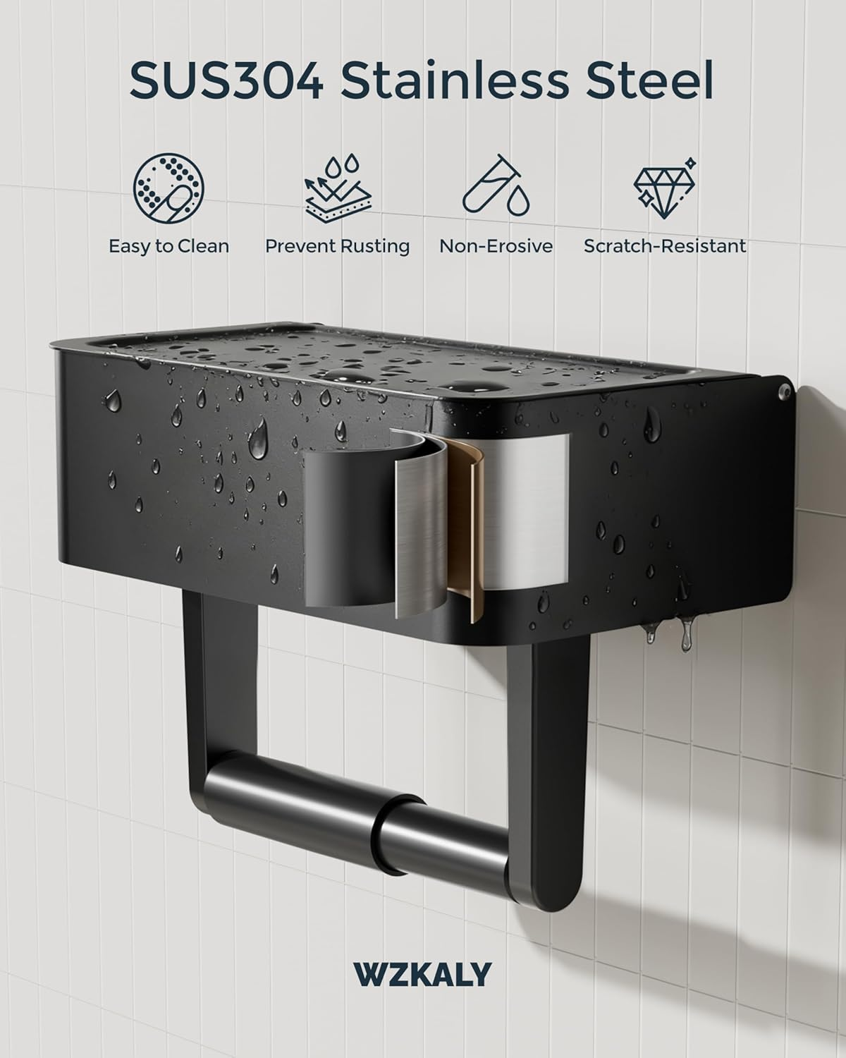 WZKALY Toilet Paper Holder with Shelf - Flushable Wipes Dispenser & Storage Fits Any Bathroom, Keep Your Wet Wipes Hidden - Stainless Steel Wall Mount Bathroom Organizer -（Matte Black, Regular Roll） image number 6