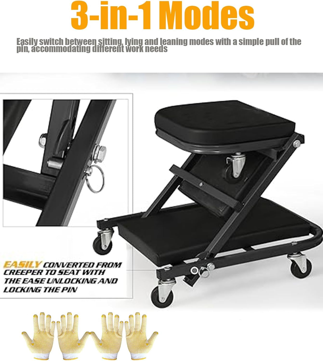 36 Inches 2 in 1 Z Creeper Seat 300 Lbs Capacity Garage Chair Adjustable Rolling Folding Car Creeper with 6 Pcs Wheels, Black, Modern Style