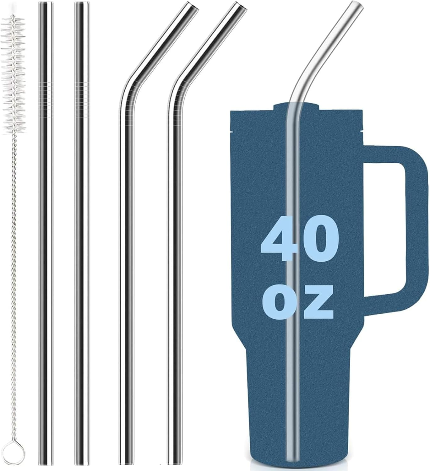 VITEVER 4 Pack Stainless Steel Straw Replacement 40 Oz for Stanley Adventure Travel Tumbler, 12In Reusable Straws with Cleaning Brush Compatible with Stanley Tumbler Cup Accessories image number 3
