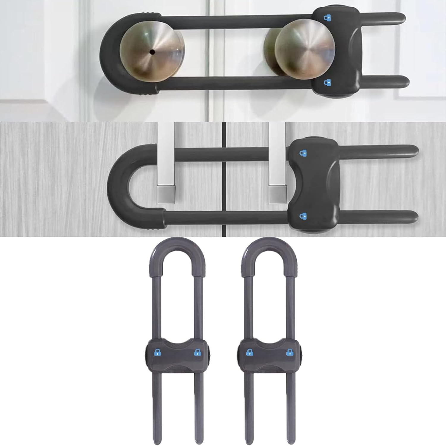 Sliding Cabinet Locks for Baby, Baby Proofing Adjustable U-Shaped Baby Safety Latches for Handles Knobs Drawers, Fridge, Closet, Cupboard, Closet with Secure Lock Buttons,2Pack (White)