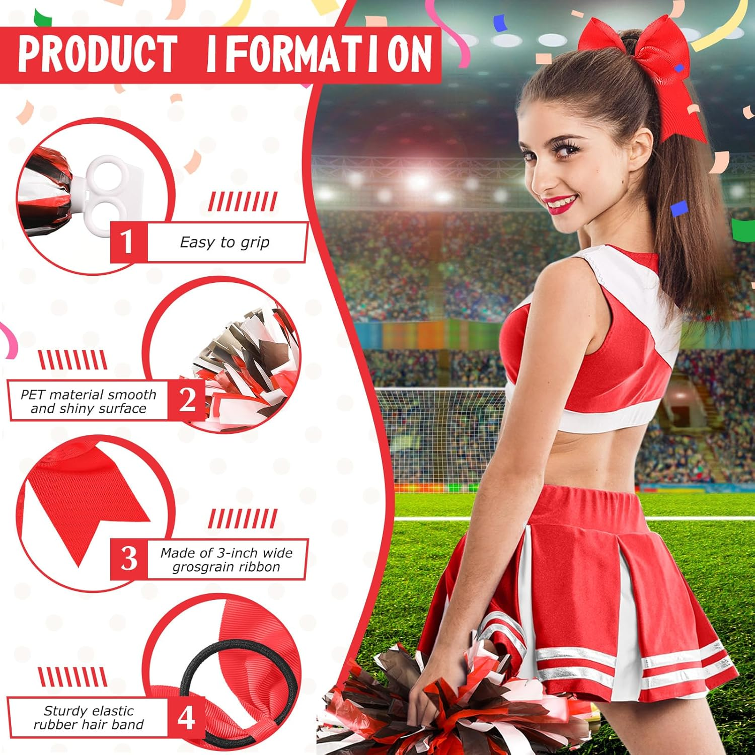 Hanaive Cheerleading Pom Poms and Large Cheerleader Hair Bow 12 Inch Large Metallic Cheer Cheerleader Pom Poms for Sports Team Spirit Cheering image number 4