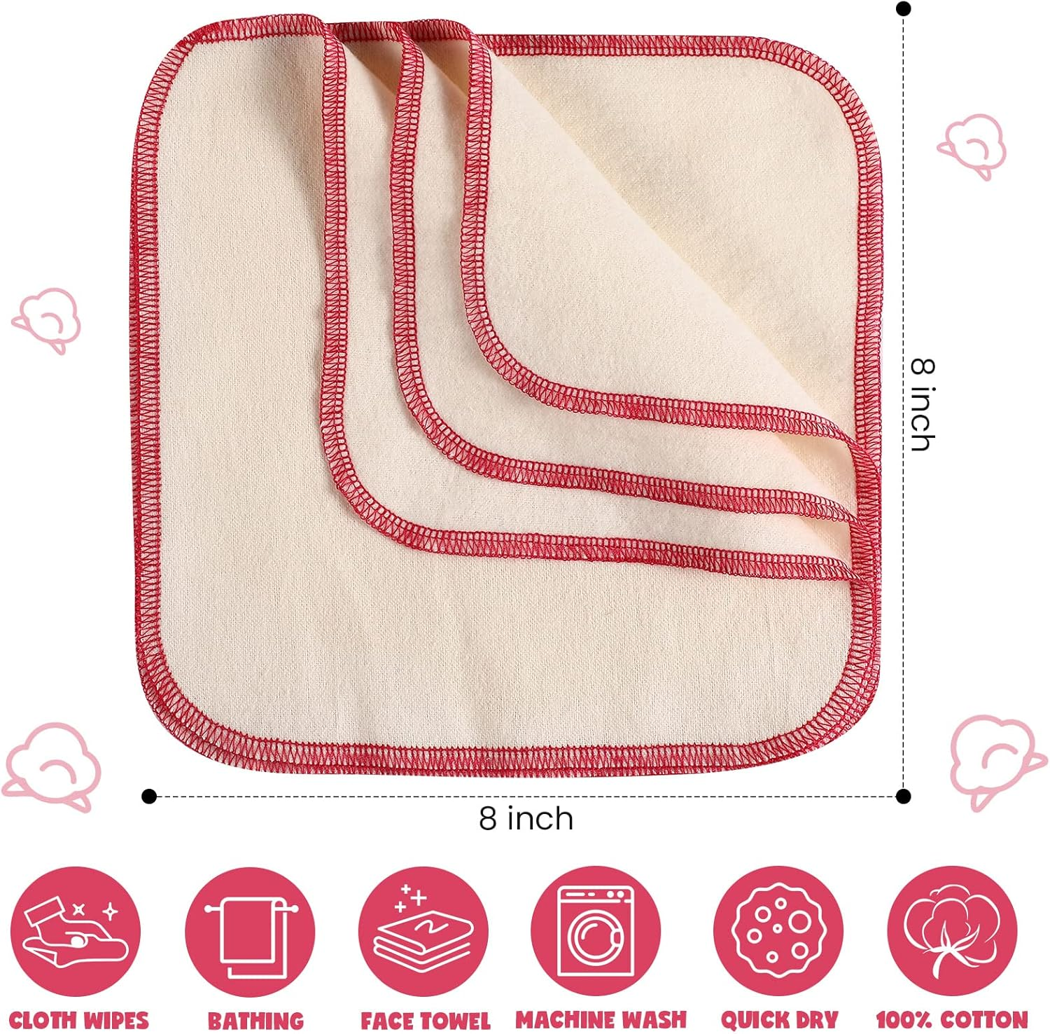 Meekoo 45 Pcs Unbleached Flannel Cloth Baby Wipes Reusable Baby Diapers Wipes 8 X 8 Inch Soft and Sturdy Washable Natural Cloth Tissues Outer Stitching(Red) image number 2
