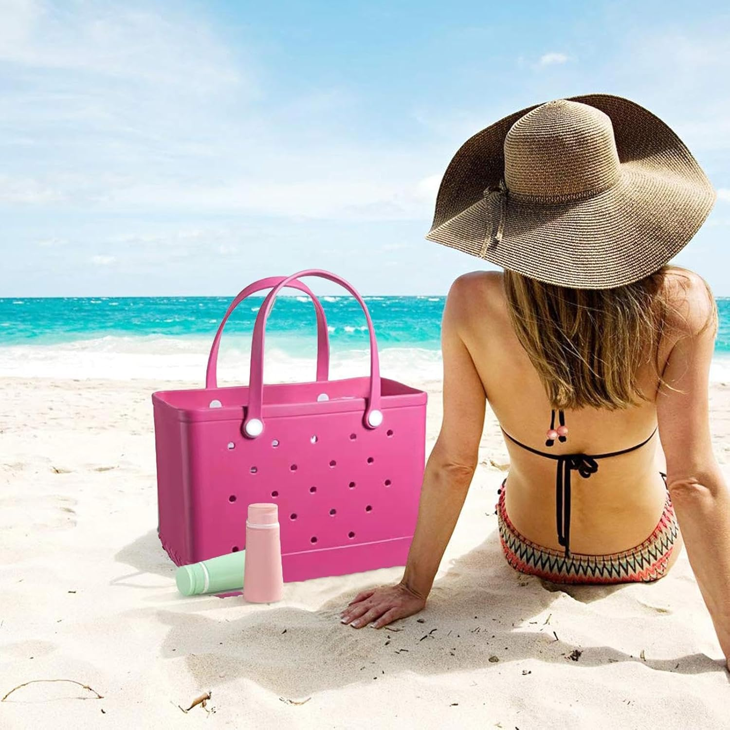 Women Outdoor Rubber Tote Bag,Sports Washable Rubber Tote Bag with Holes | Women'S Portable Travel for Beach Sports Swimming Pool