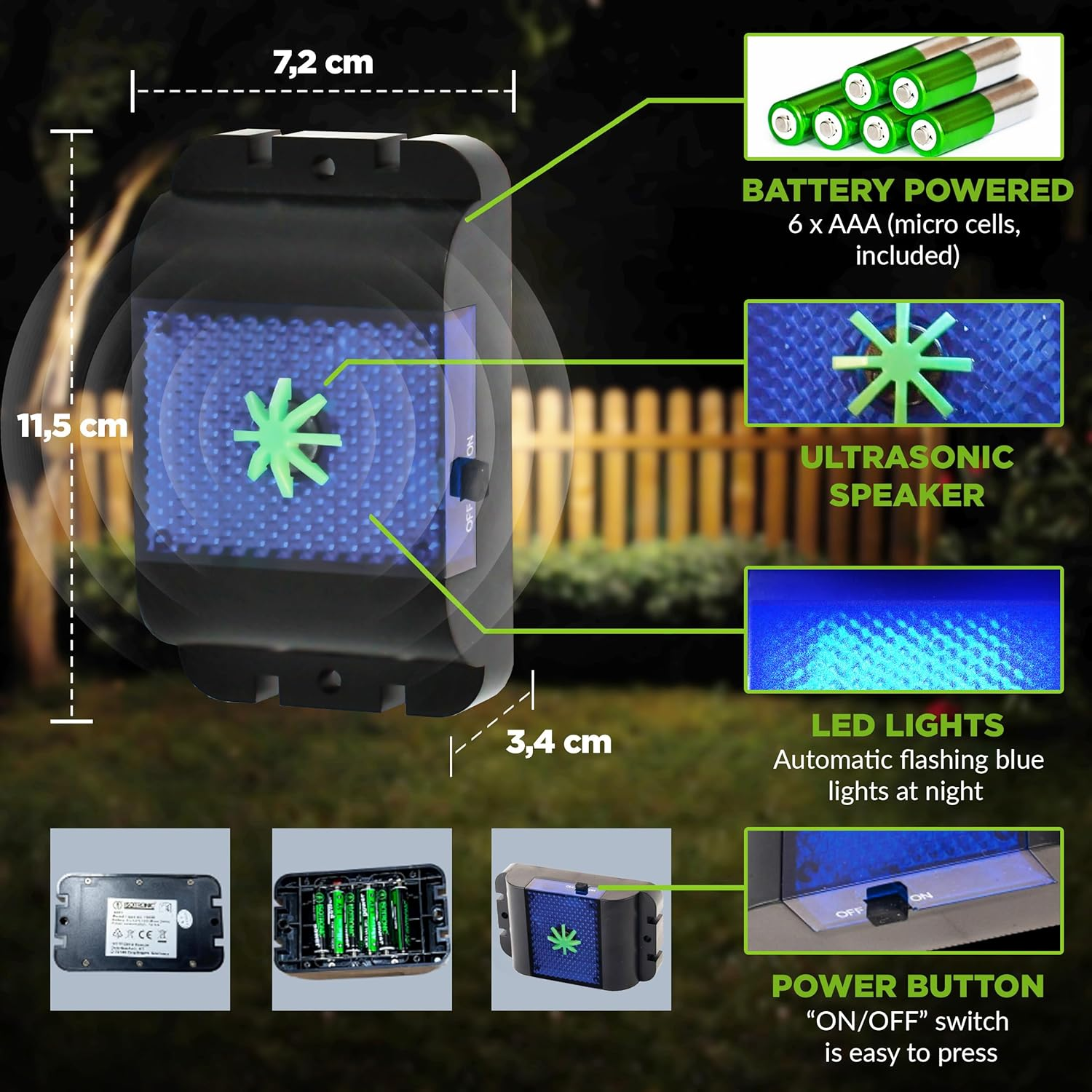 ISOTRONIC Battery Operated Rodent Repeller against Mice, Rats, Martens, Dormice, Raccoons & Foxes - Gentle Wildlife Repellent with Ultrasonic Waves & Blue LED Light (1)