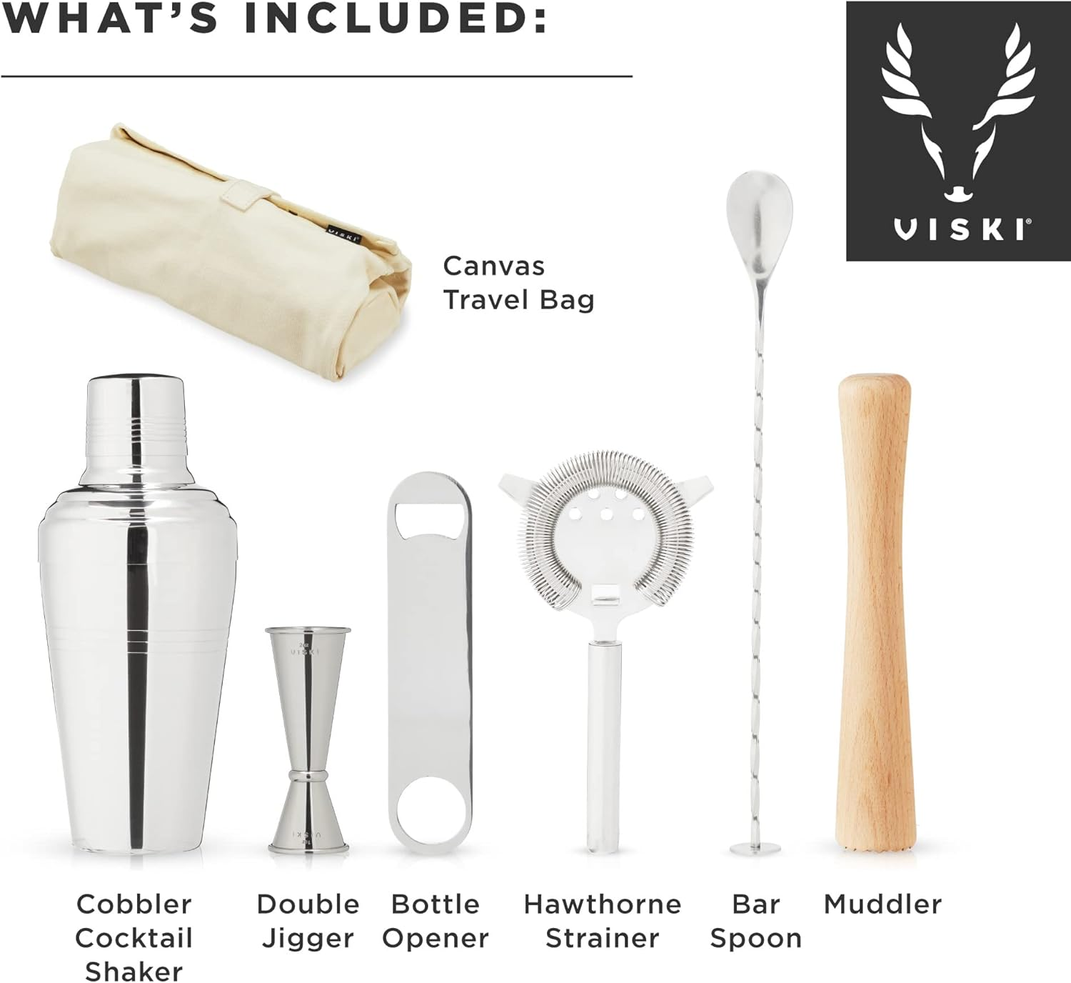 Viski Travel Bartender Kit 6Pc Set, Drink Mixers for Cocktails Gift Essentials: Classic Cobbler Shaker, Hawthorne Strainer, Bottle Opener, Jigger, Barspoon, Muddler & Canvas Carry Bag image number 1