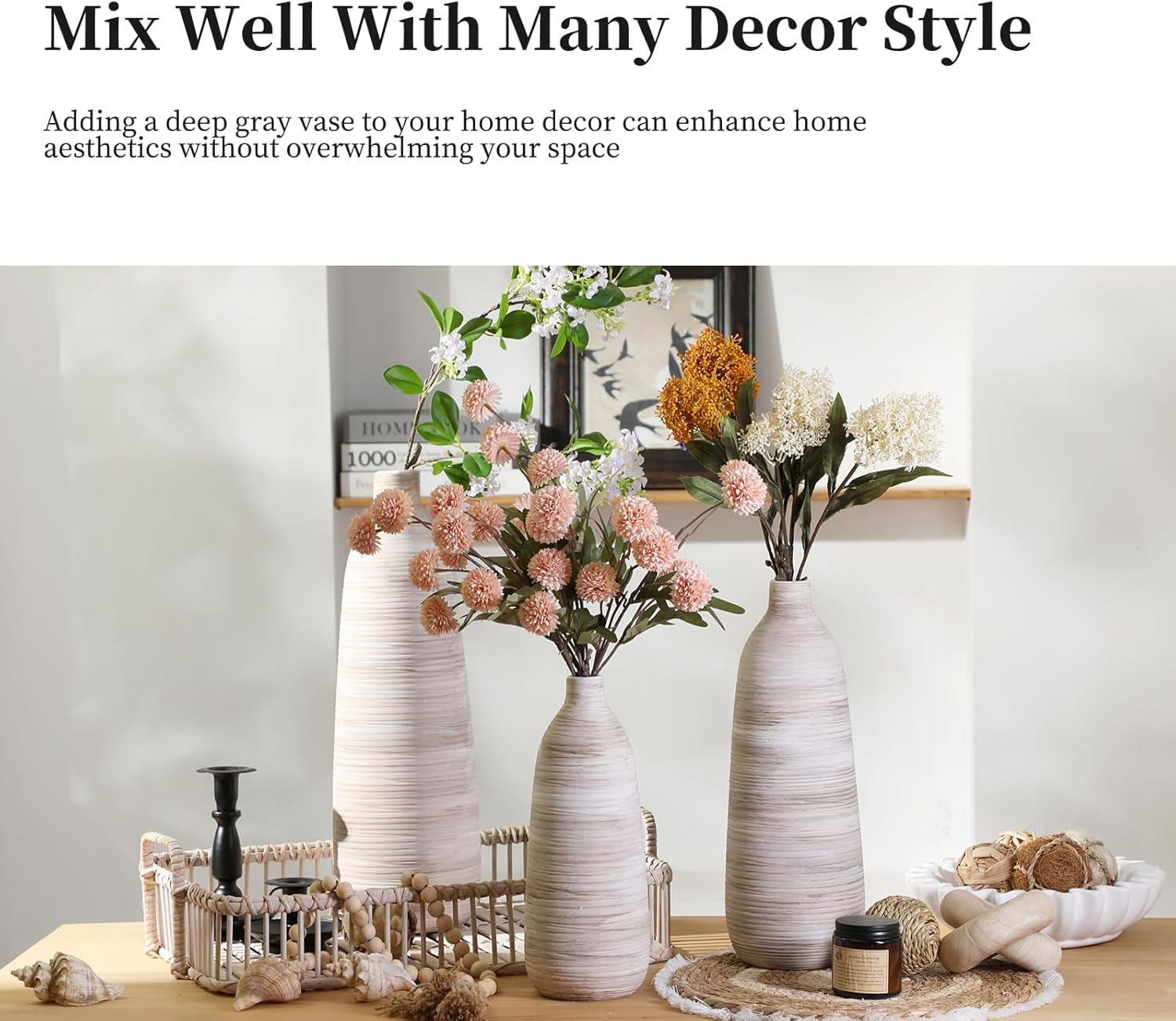 18In Extra Large Floor Vase for Living Room Decor,Earthy Vessel for Tall Pampas Grass,Cream Beige Centerpieces for Neutral Room Aesthetic,Midcentury Modern,Cottagecore Home Decor image number 1