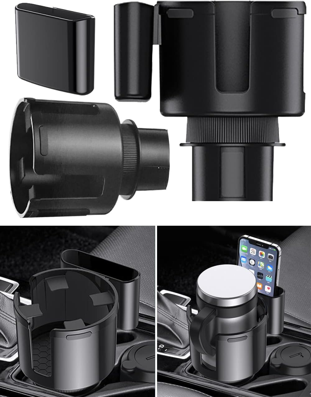 Car Cup Holder Expander Adapter with Phone Holder, 2-In-1 Adjustable Car Cup Holder, Multifunctional Automotive Cup Organizer with 360&deg; Rotating Base for Car, Universal Car Cup Storage Container image number 4