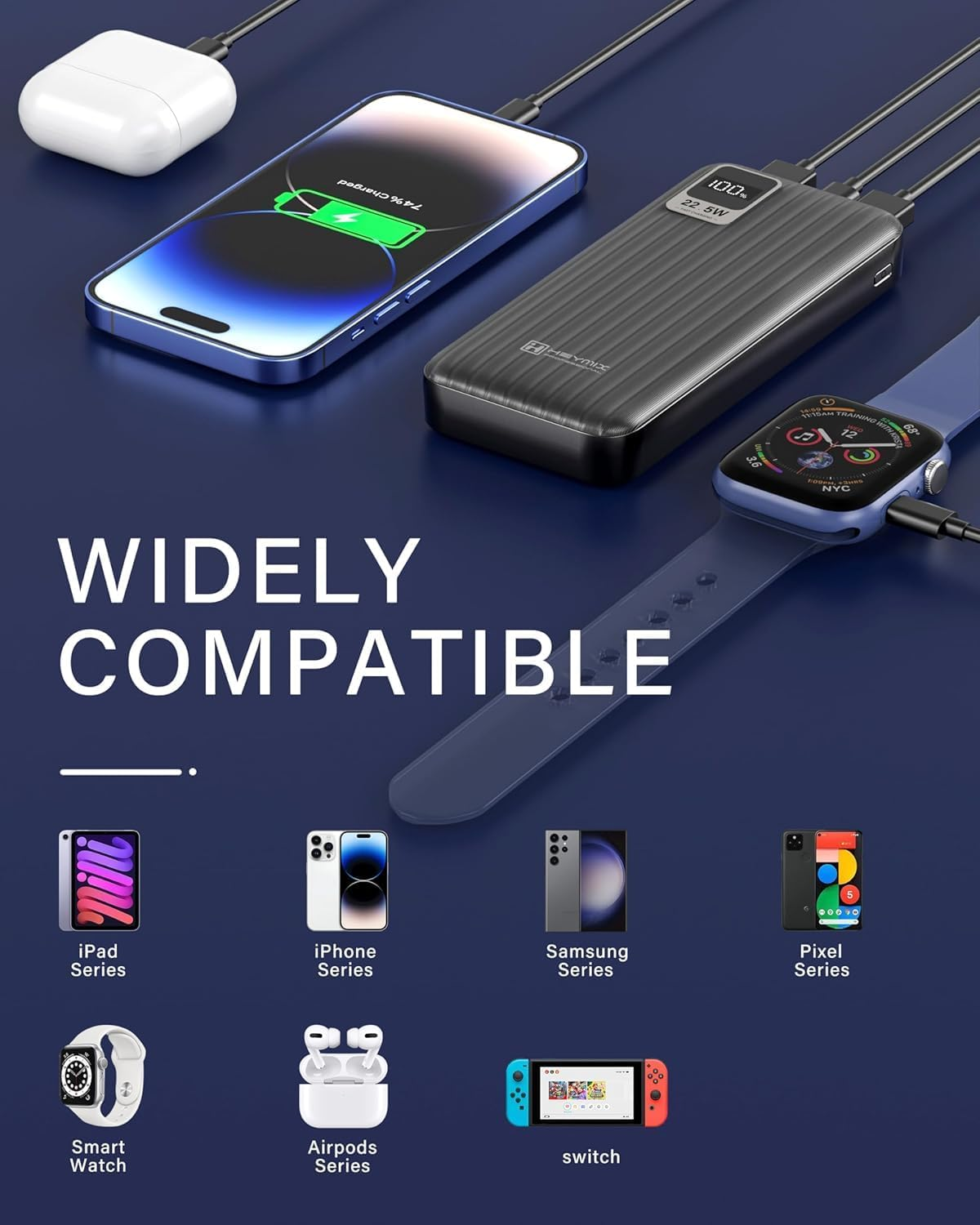 HEYMIX 20000Mah Power Bank, 22.5W Powerbank Portable Charger, USB-C Fast Charging Power Bank, 3-Port PD3.0/QC4.0 Battery Pack Compatible with Iphone 15/14/13, Samsung S23/S22/S21, Pixle, Ipad, Switch image number 1