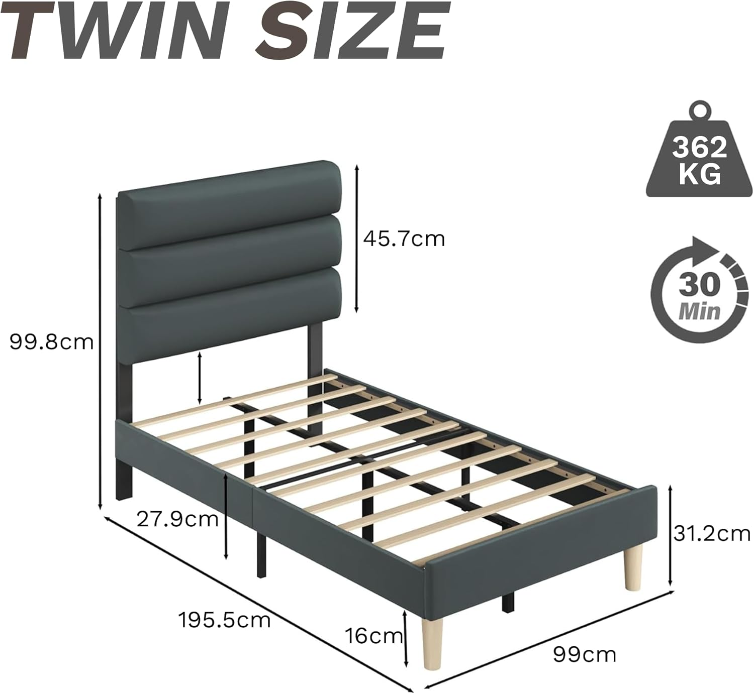 Velvet Upholstered Twin Bed Frame - No Box Spring Needed Platform Bed with Storage Space & Noise-Free Metal Support, Easy Assembly Modern Bedroom Furniture (Grey, Twin) image number 2