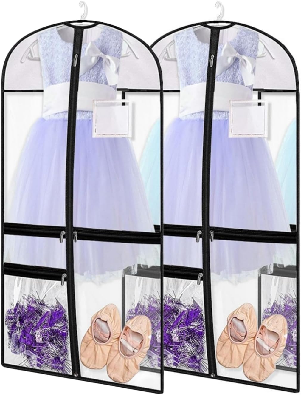 Clear Dance Costume Garment Bag, 39 Inch Garment Bag for Dance Competitions, Kids Hanging Clothes Cover for Girls Closet Storage with 3 Zippered Pockets (2 Pack, Clear)