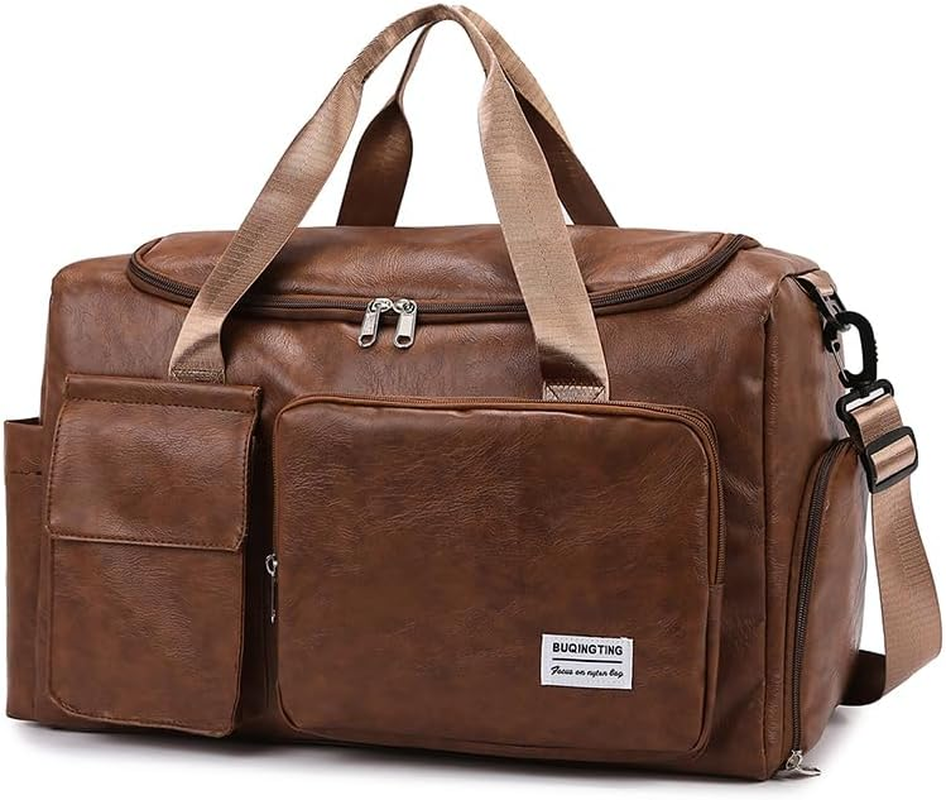 Small Leather Travel Bag with Shoe Pouch, Carry on Weekender Overnight Bag Waterproof Travel Duffel Bags Gym Bags for Men or Women, Brown