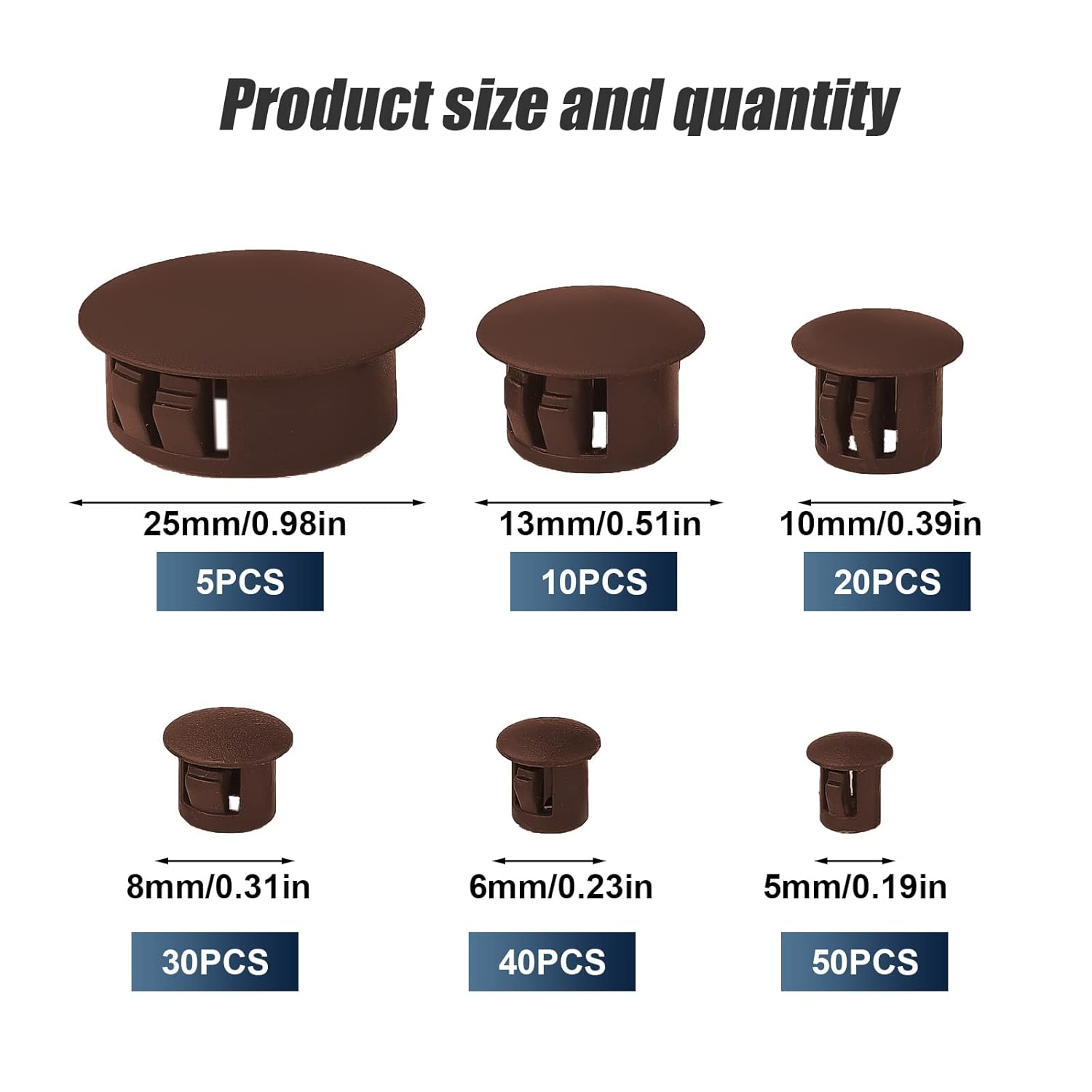 Plastic Hole Plug, 5/6/8/10/13/25 Mm Flush Plug Locking Furniture Cover Caps for Drill Holes, Plate Hole Plugs for Cabinets, Machines, Furniture (Pack of 155, Dark Brown) image number 2