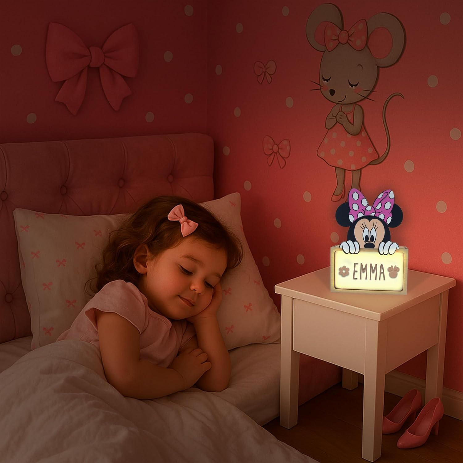WONDEE Official Disney Minnie Mouse Lamp Personalised - Night Light Baby Minnie Mouse, Gifts for Birth, Christening Gifts for Girls Personalised Gifts Baby, Disney Gift Ideas - Angel Stitch image number 6