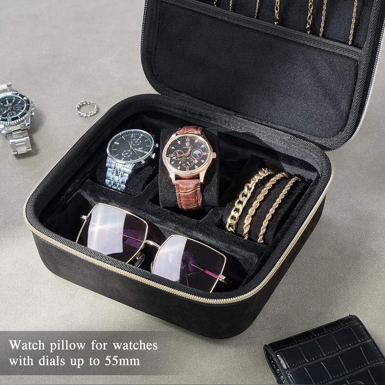 Procase Mens Medium Jewelry Storage Case, 3 Slots Travel Watch Accessories Carrying Box, Glasses Necklaces Rings Bracelets Zippered Organizer Bag for Male -Black image number 4