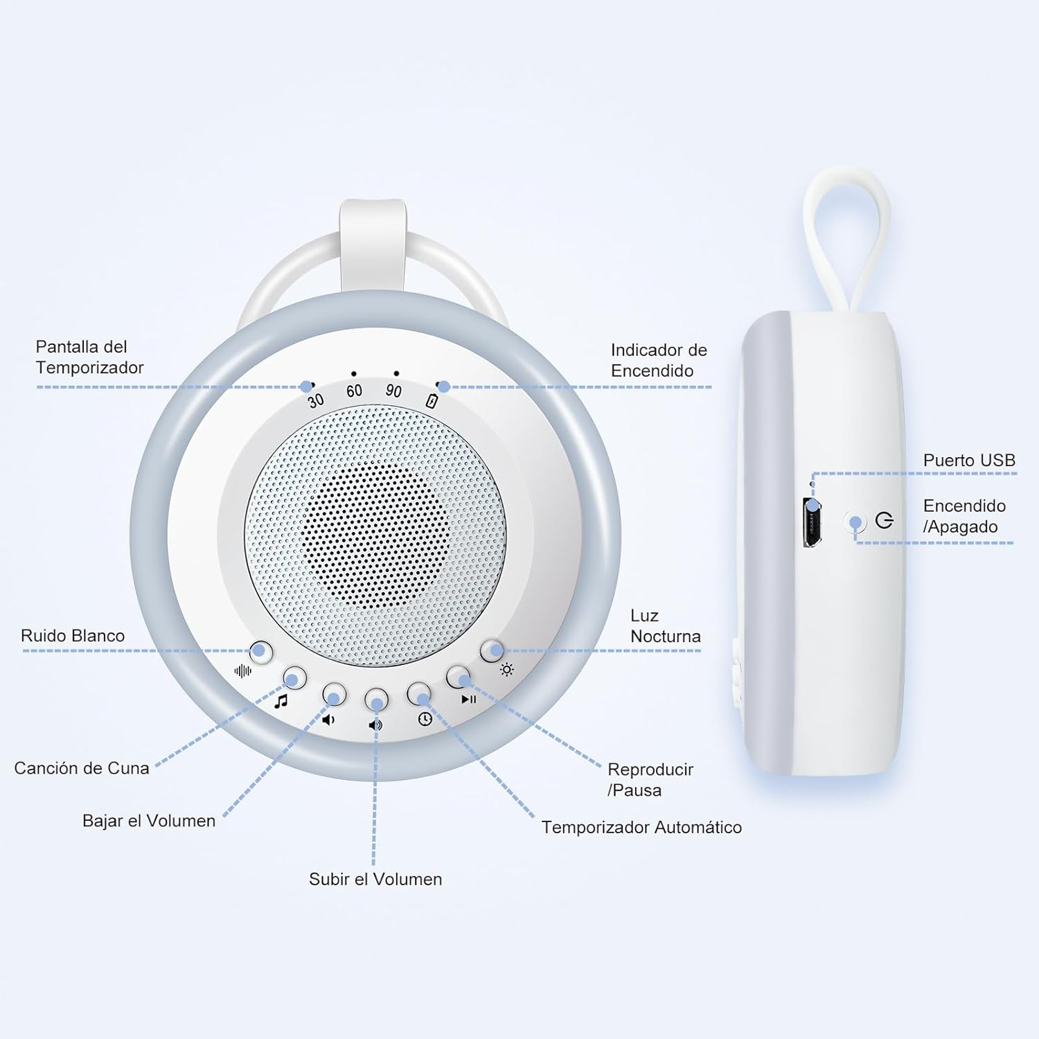 Easy@Home White Noise Machine: 20 Soothing Sounds Portable White Noise Machine with Nightlight Natural Music Sleep Relation for Sleeping Children (White) image number 2