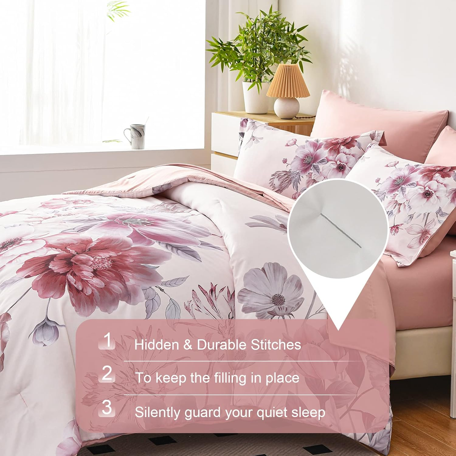 Floral Comforters Queen Size 7 Pieces Botanical Pink Bed in a Bag Ulter Soft Microfiber Bedding Set, Lightweight Bed Comforter Set with Sheets for All Season (Pink, Queen) image number 5