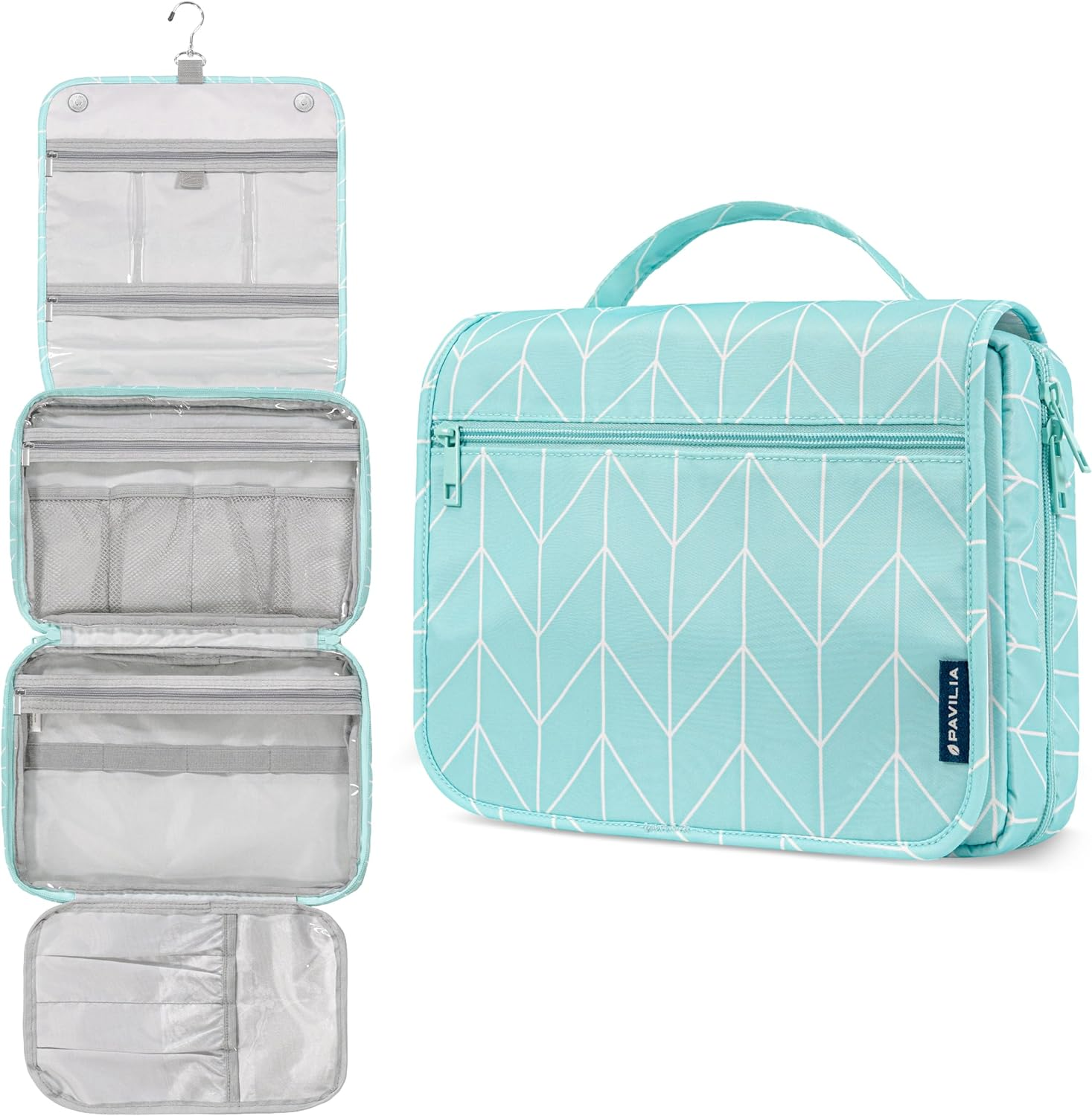 PAVILIA Hanging Toiletry Bag Women Men, Foldable Cosmetic Organizer Travel Bag, Water Resistant Makeup Bag Toiletries, Large Travel Essentials Kit, Teal Chevron, Large, Classic