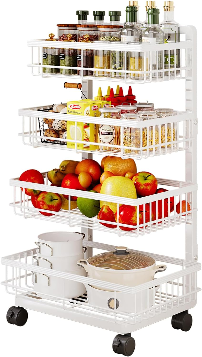 4-Tier Utility Rolling Cart, Metal Storage Cart with Wheels, Versatile Rolling Storage Snack Carts, Adjustable Fruit Vegetable Basket Rack for Pantry, Bathroom, Kitchen, Office (White) image number 2